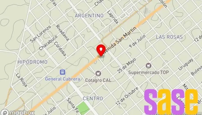 mapa de SERVICIO DE COBRANZA COBRO EXPRESS AGENTES OFICIALES MEGATONE EXPRESS Kiosco, Agencia aseguradora de automóviles, Librería, Copistería, Cobro de deudas en Gral. Cabrera
